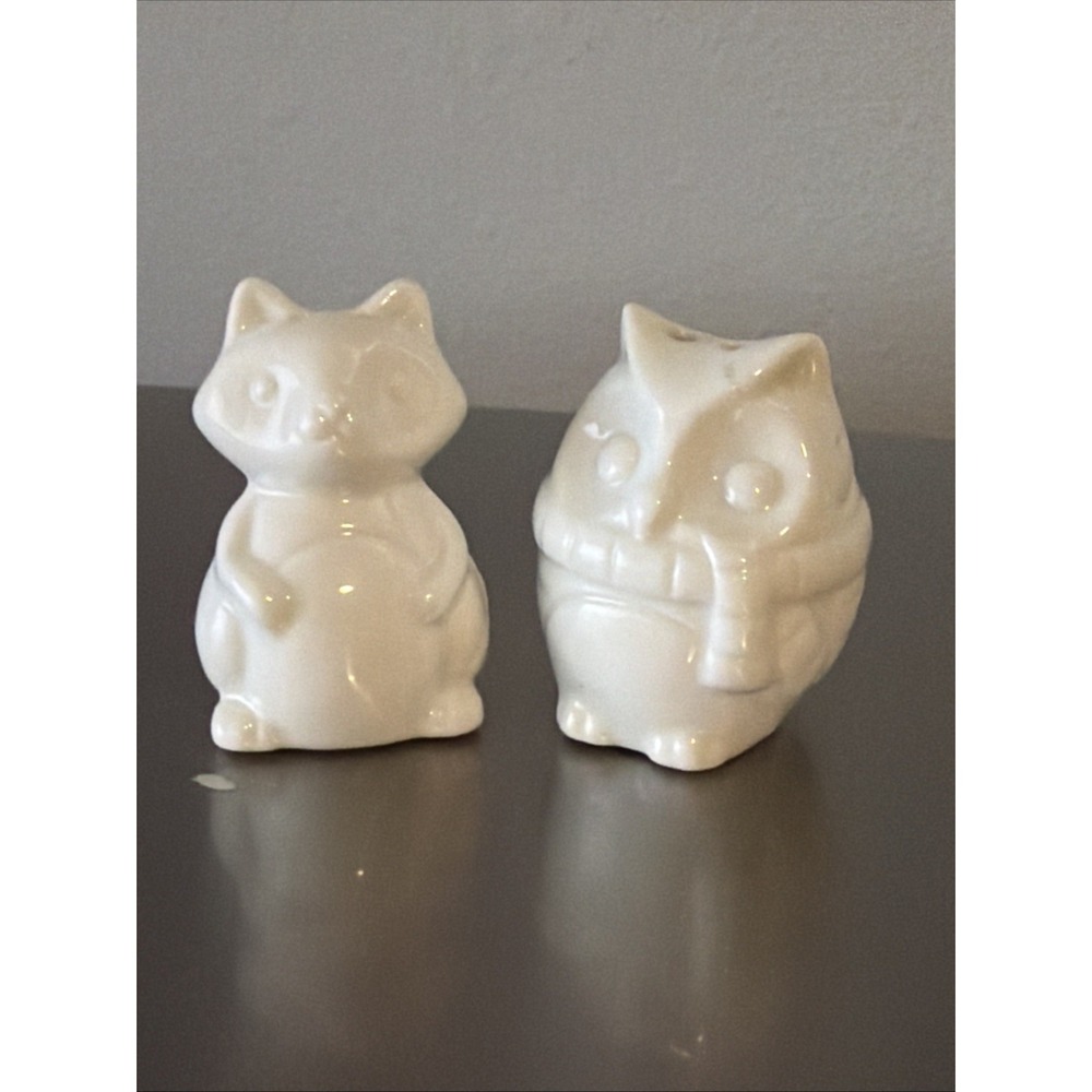 Vintage‎ White Ceramic Owl & Fox Salt And Pepper Shakers Woodland Creatures